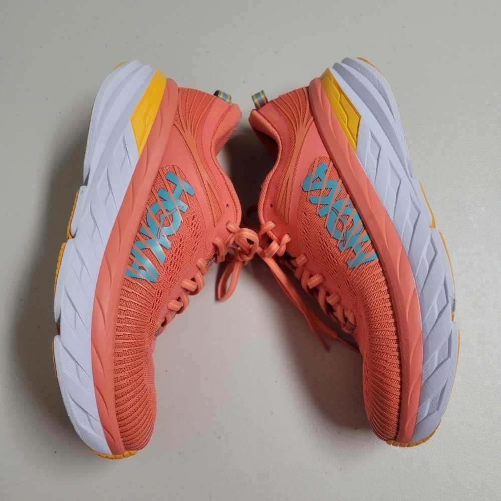 Hoka One One Women's Coral and Yellow Running Shoes - Picture 2 of 16